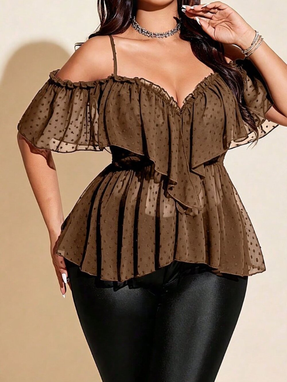 Brown Casual Women's Plus Size Sexy Off-Shoulder Backless Ruffle Trim Blouse